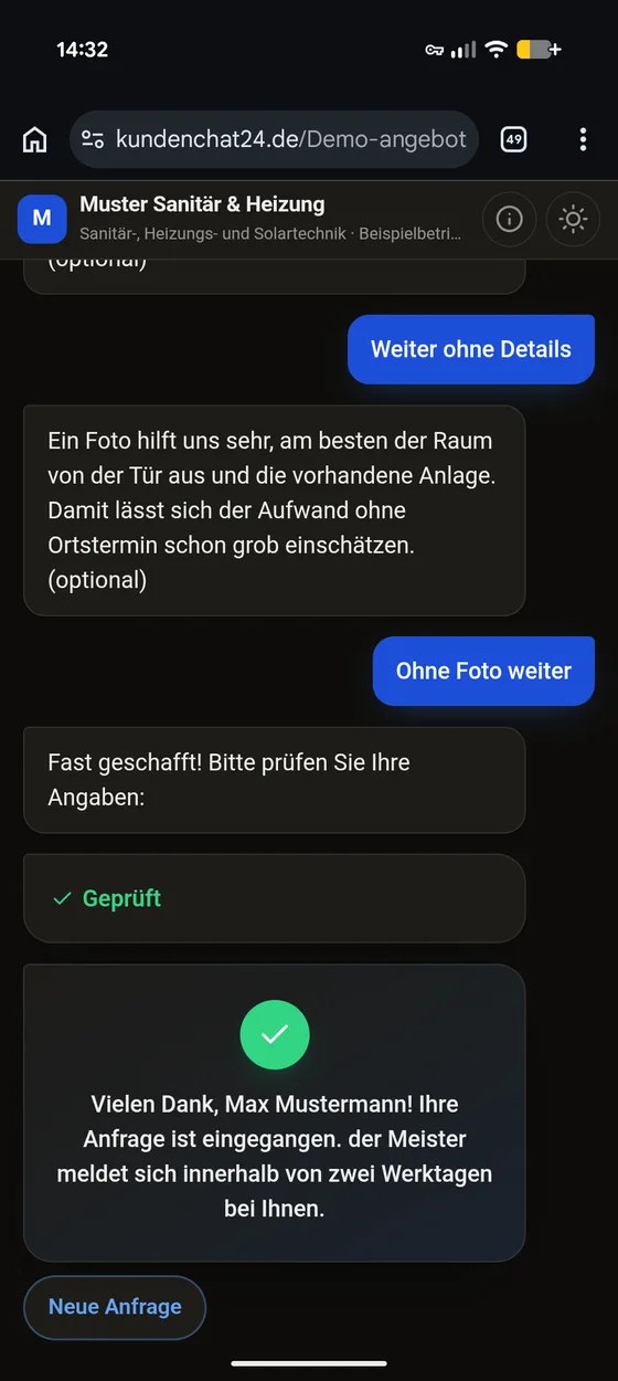 Bestätigung: die Anfrage ist eingegangen, der Betrieb meldet sich innerhalb von zwei Werktagen.