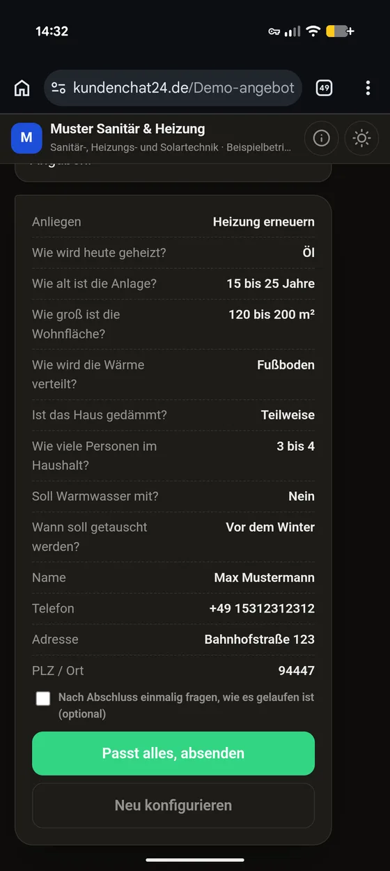 Die fertige Anfrage: Heizart, Alter der Anlage, Wohnfläche, Wärmeverteilung, Dämmung, Personen im Haushalt, Warmwasser, Zeitpunkt, Name, Telefon und Adresse.
